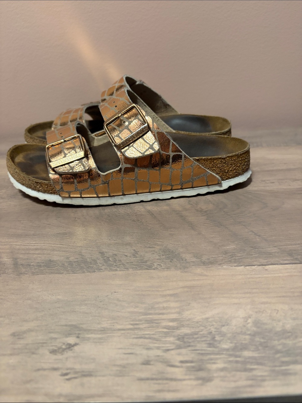 Birkenstock Metallic Bronze Croc-Embossed Double Buckle Sandals - Picture 5 of 8